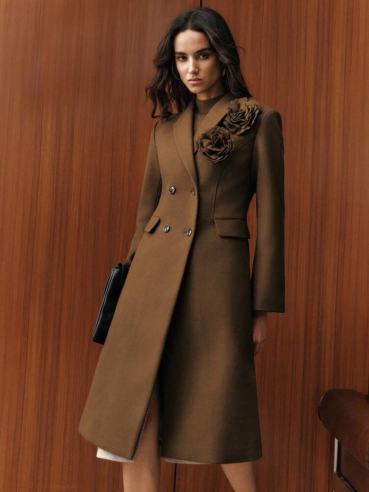 Women's Elegant Long Brown Fitted 3D Floral Double-Breasted Lapel Overcoat, Suitable For Autumn, Fall, Winter, Going Out, Elegant, Formal, Party, Chic, New Year