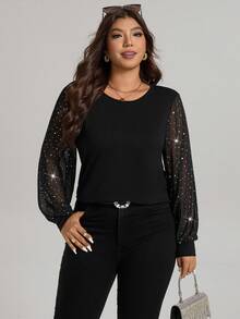 Comfylo Sequin Patchwork Versatile Blouse, Plus Size Black Rhinestone Top Black Sparkly Top Black Sequin Top Bling Top Winter New Year Sparkly Mesh Long Sleeve Mesh Tops For Women Black Mesh Top - Black - View 6