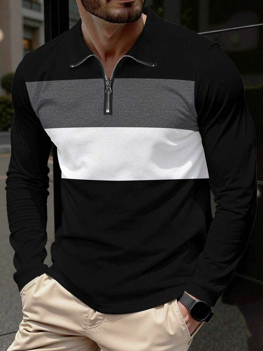 Manfinity Homme Men Colour Block Quarter Zipper Polo Shirt - Black - View 1