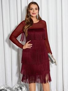 SHEIN Clasi Vestido de malla con volantes y parches, talla grande, para otoño/invierno - Burdeos - Ver 3