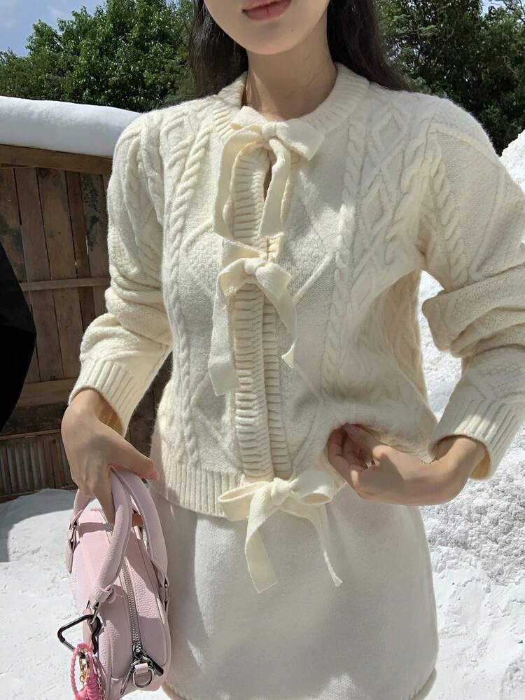 Women's Round Neck Solid Color Bowknot Knitted Cardigan, Korean Style Long Sleeve