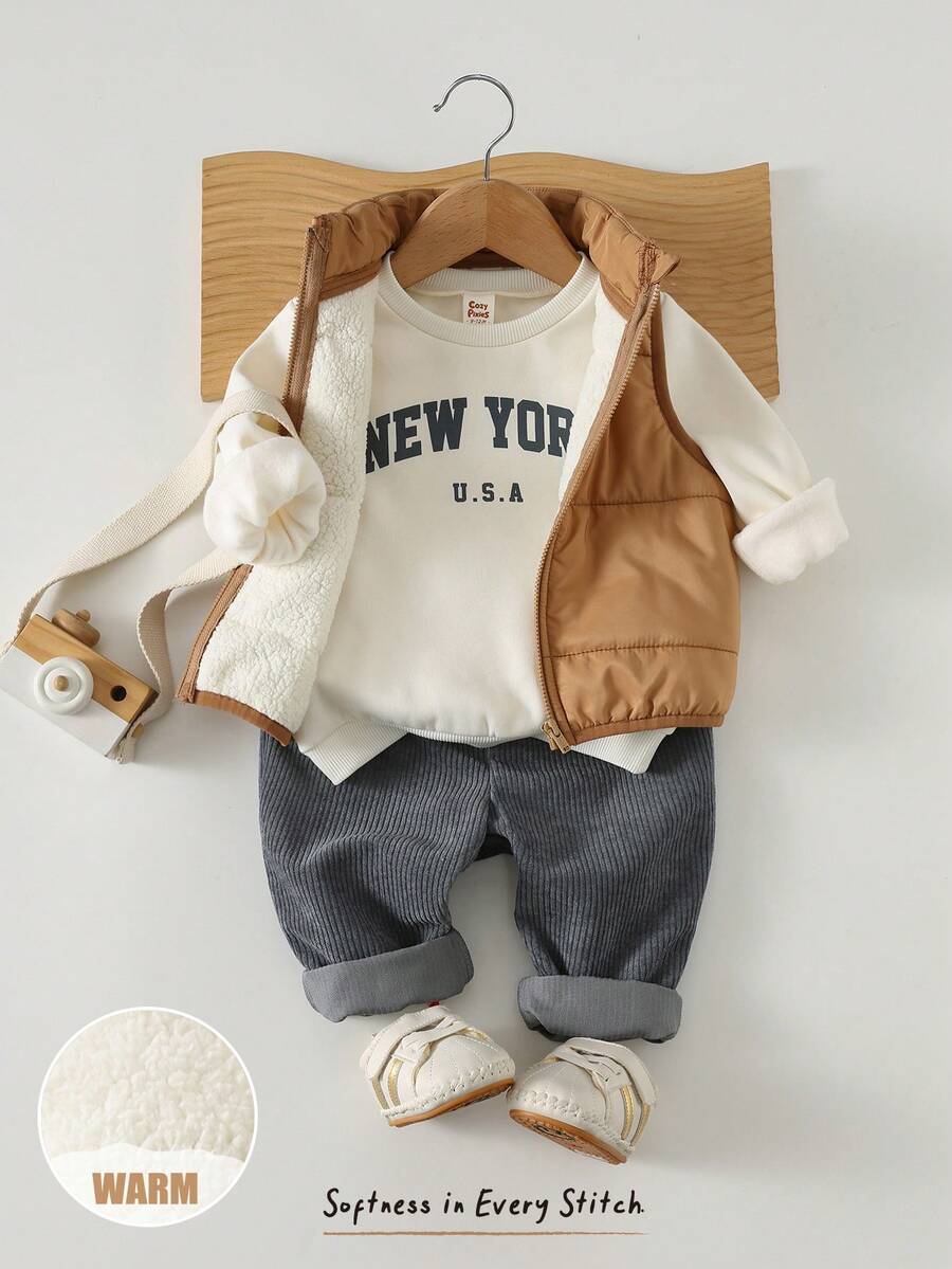Cozy Pixies 3pcs Baby Boy Letter Print Soft Knit Hoodie Sweatshirt, Elastic Waist Pants And Sleeveless Vest Set - Khaki - View 1