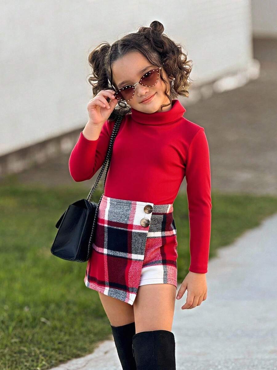 Firerie Kids Conjunto de camiseta de cuello redondo ajustada roja y falda mini a cuadros para niñas jóvenes NovaGlow, lindo y elegante, adecuado para fiestas y vacaciones