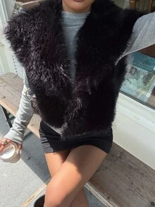 SHEIN EZwear جاكيت جاكيت ذات طوق من فرو الثعلب الأسود للنساء، خريف/شتاء - الأسود - مشاهدة 6