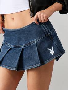 Missguided x Playboy Chân váy denim mini xếp ly có logo - Váy mùa hè dành cho trang phục thường ngày - Màu xanh lam - Xem 6