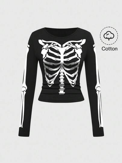 Goth T-shirt femme ajusté transparent avec motif graphique d'os de squelette sombre et effrayant