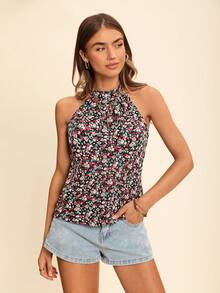 SHEIN VCAY Women's Ditsy Floral Elegant Sleeveless Blouse, Versatile For Summer - Black - View 1
