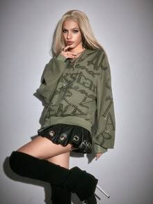 ROMWE Women's Street Style SLOGAN Rhinestone Embellished Sweatshirt - Army Green - View 5