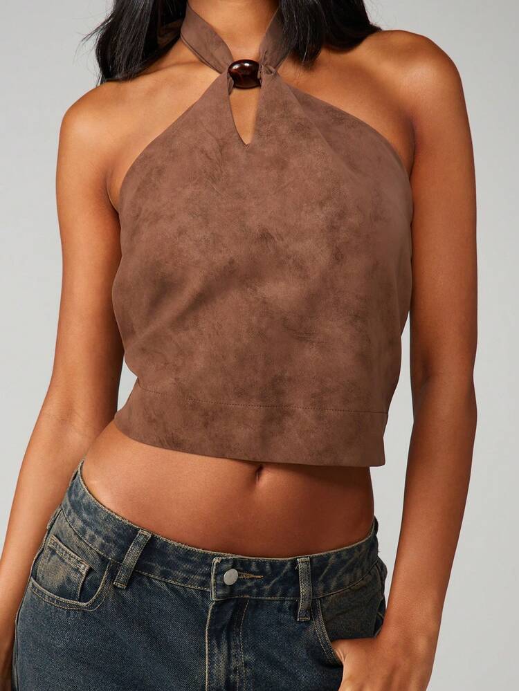 MISSGUIDED Halter Neck Suede Top With Decorative Bead Detail For Festival Occasion