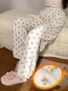DAZY 女士花卉图案加厚绒毛睡裤，冬季保暖舒适 - 米色 - 查看 3