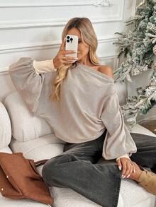 SHEIN LUNE Women's Light Beige Autumn Casual Everyday Loose Fit Brushed Oblique Shoulder Long Sleeve T-Shirt,Off The Shoulder Sweater Top Blouses - Khaki - View 4