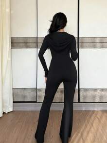 Rafferiza 女士时尚休闲前中拉链厚喇叭腿长裤，长袖连体裤，适合秋冬季 - 黑色 - 查看 2