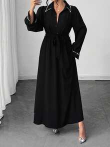 SHEIN Tall Elenzga Women's Elegant Commuter, Faux Pearl Decor, Autumn Dress, Tall Women - Black - View 5