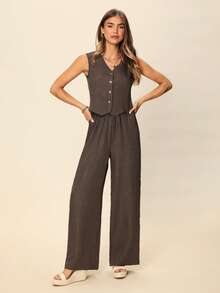 SHEIN Frenchy 2pcs Vacation Casual Solid Color Tank Top And Pants Set Brown