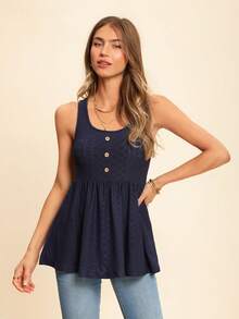 SHEIN LUNE Women's Solid Eyelet Embroidery Button Detail Tank Top, Suitable For Daily Wear In Spring And Summer - Navy Blue - View 1