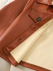 SHEIN 青少年女孩休闲度假优雅 PU 长袖翻领纽扣前短款夹克和碎花连衣裙套装 - 棕色 - 查看 9