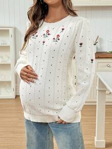 SHEIN 孕妇休闲花卉刺绣毛衣，秋季 - 杏色 - 查看 7