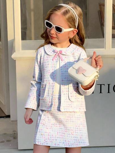 Elladie kids Bộ 2 món áo khoác cổ bẻ họa tiết kẻ caro và chân váy mini thanh lịch cho bé gái tuổi mới lớn