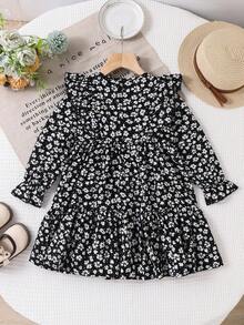 Young Girl Ditsy Floral Ruffle Trim Puff Sleeve Casual Dress - Black - View 7