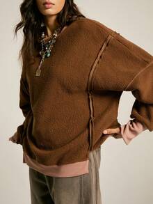 SoleilVie Women's Fleece Crew Neck Sweatshirt,Autumn Boho Casual Pink And Brown Contrast Color Slit Hem Loose Retro Warm Plush Dropped Shoulder Sweatshirt - Brown - View 3