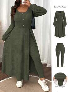 SHEIN LUNE Plus Size Women Solid Color Fuzzy Ribbed Minimalist Casual Autumn/Winter Top And Slim Fit Pants Set - Army Green - View 1