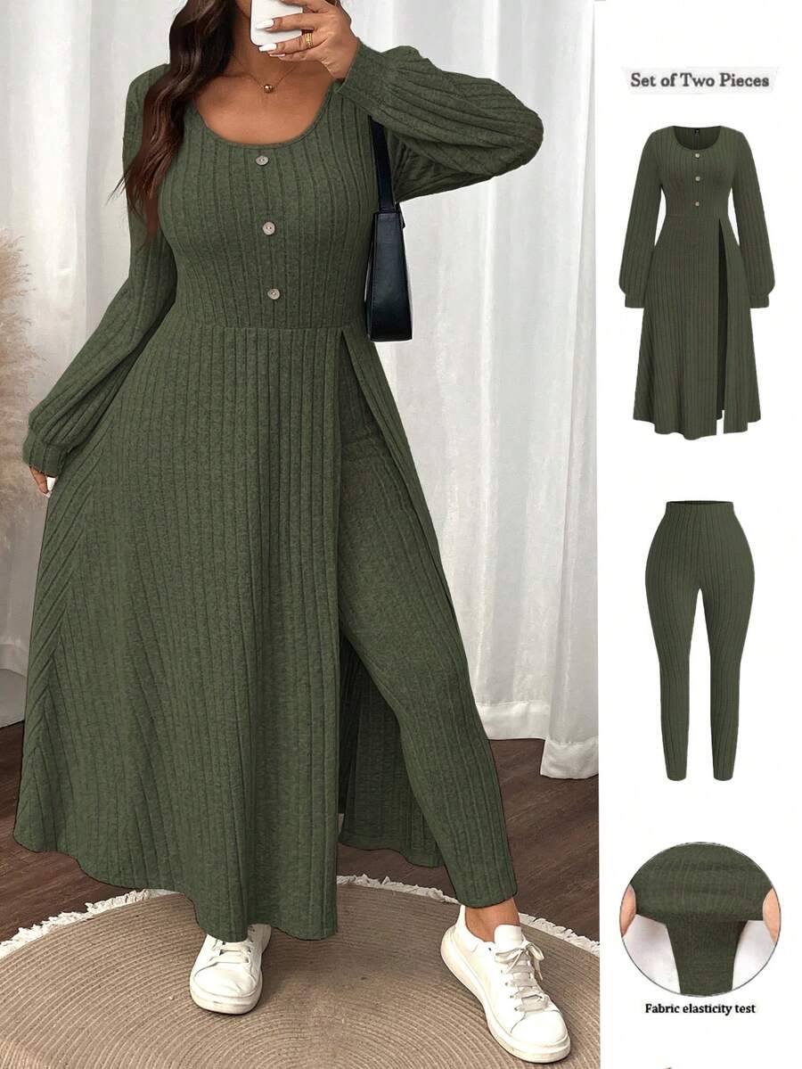SHEIN LUNE Plus Size Women Solid Color Fuzzy Ribbed Minimalist Casual Autumn/Winter Top And Slim Fit Pants Set - Army Green - View 1