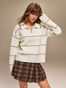 SHEIN 女式条纹拉链 Polo 领落肩长袖休闲毛衣，秋冬 - 白色 - 查看 5
