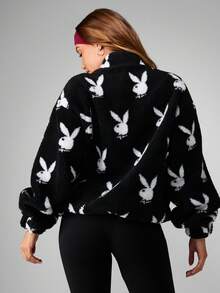 Missguided x Playboy 超大号兔子印花拉链外套冬季外套羊毛夹克带帽立领 - 黑色 - 查看 2