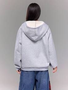 Teen Girl Solid Color Raglan Sleeve Zip-Up Casual Hoodie Jacket, Thermal Lined, Autumn/Winter - Grey - View 6