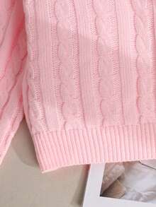 SHEIN Tween 女童休闲纯色落肩宽松纹理针织短款毛衣，秋冬针织衫，粉色 - 粉色 - 查看 4