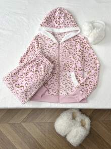 Elamini 女士秋冬时尚豹纹保暖内衬拉链连帽衫和抽绳喇叭裤两件套，休闲运动百搭 - 粉色 - 查看 4