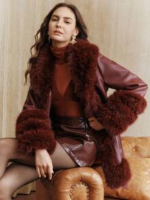 Anewsta Áo khoác lông thú giả mới thu/đông, áo khoác da và lông thú chắp vá cỡ vừa dành cho nữ, áo khoác ngoài thời trang tối giản - Màu Đỏ Sâu - Xem 5