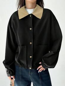 Aloruh 女士休闲日常撞色翻领纽扣前开衫，秋季 - 黑色 - 查看 8
