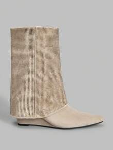 Ontre New Square Toe Rhinestone Embellished Casual Wedge Mid-Calf Boots For Women - Khaki - View 1