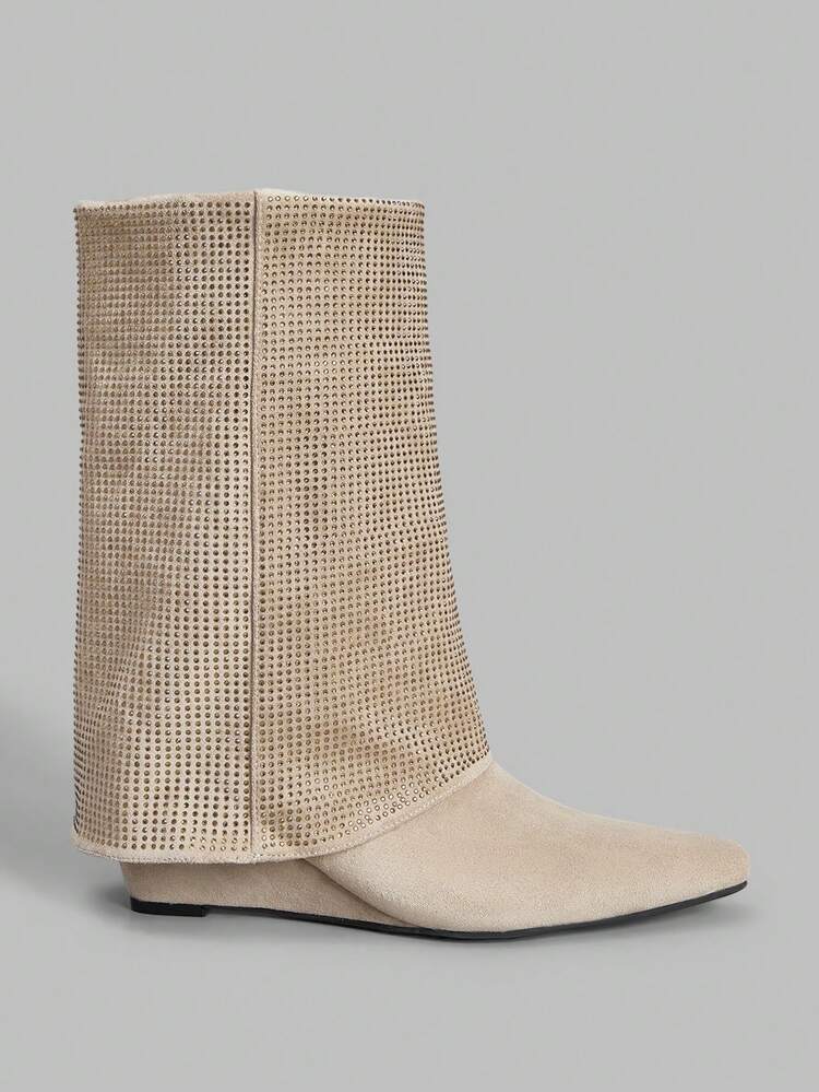 New Square Toe Rhinestone Embellished Casual Wedge Mid-Calf Boots For Women