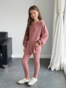 SHEIN 2件套青少年女孩休闲连帽针织上衣和紧身裤套装 - 粉色 - 查看 3