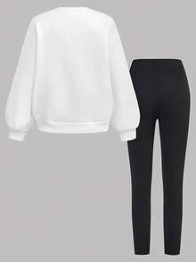 SHEIN Glowzi Teen Girl White Crew Neck Letter Print Graphic Loose Sweatshirt And Jogger Pants 2 Pieces Outfit - White - View 4