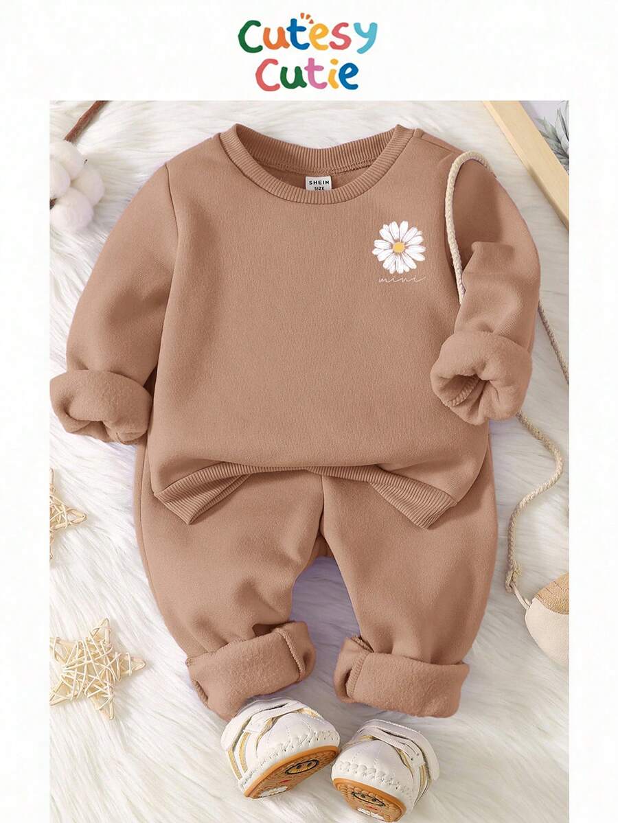 SHEIN 女婴休闲简约针织柔软套头衫宽松长袖运动衫和裤子套装，适合秋冬季