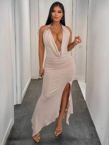 INAWLY Women's Sexy Metallic Plunging Neckline High Slit Fashion Dress - Apricot - View 5