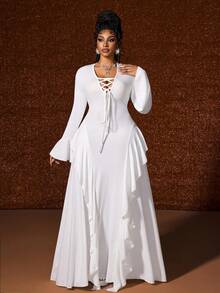 Maweii 大码女式纯色系带领喇叭袖荷叶边下摆优雅连衣裙 - 白色 - 查看 5