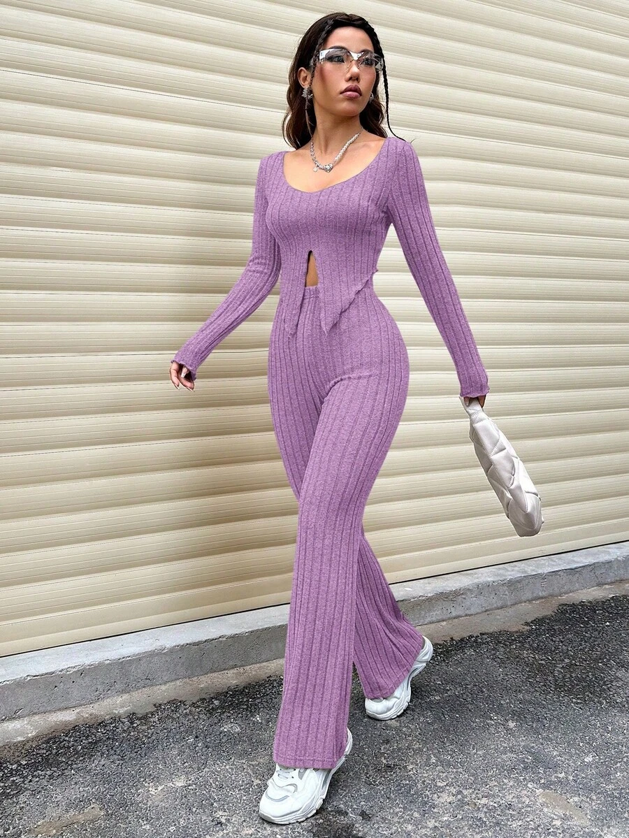 SHEIN Unity 2件纯色长袖上衣和裤子套装,休闲秋季服装 - 紫色 - 查看 1