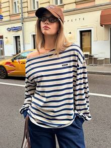 SHEIN Unity Women's Asymmetrical Shoulder Loose Long Sleeve Striped Sweatshirt, Vintage College Style, Casual Everyday Wear, Comfortable & Minimalist, Suitable For Airport, Lazy Days Autumn Winter Clothes For Women - Multicolor - View 5