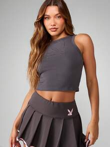 Missguided x Playboy 压纹徽标工字背心短款运动时尚基本款无袖夏季休闲 - 深灰色 - 查看 4