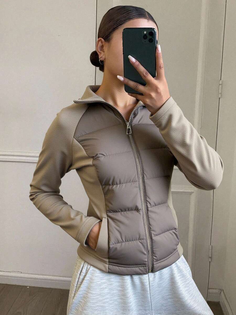 DAZY Women's Quilted Contrast Color Zipper Padded Coat, Winter - Grey - View 1
