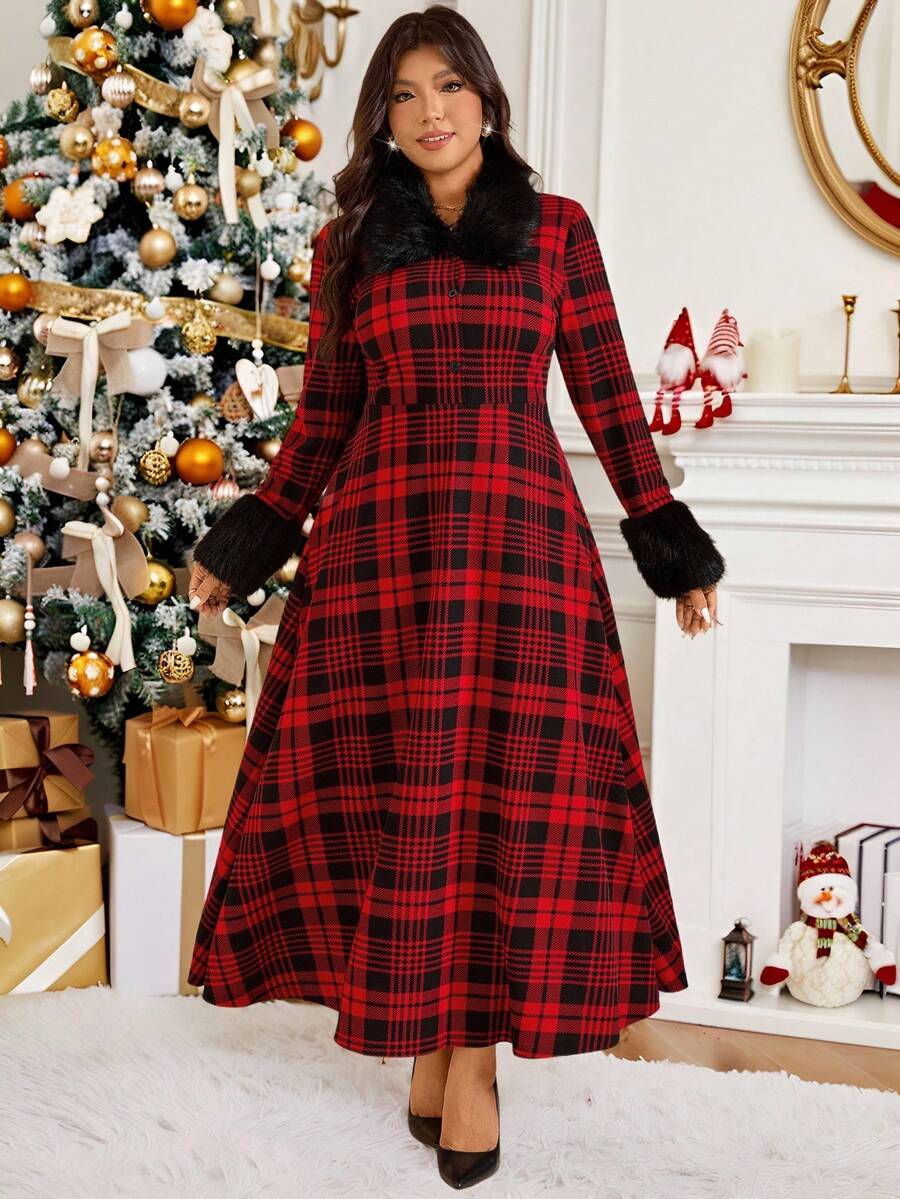 Comfylo Robe longue en polaire à imprimé écossais élégante, grande taille, Noël - Multicolore - Voir 1