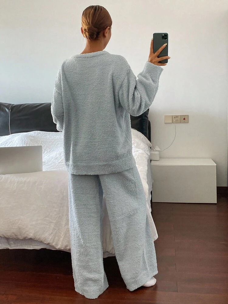 2pcs Ice Cream Print Fleece Knit Loose Pajama Set Women Fall,Winter Clothes, Fluffy, Cozy