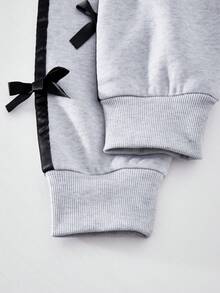 SHEIN Women's Casual Elegant Bow Decor Crew Neck Long Sleeve Fleece Sweatshirt And Skinny Pants 2 Piece Set