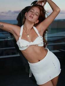SILVIA DI SANTO Bộ đồ bơi bikini dệt kim hở lưng gợi cảm họa tiết sao biển vỏ sò cho kỳ nghỉ hè mùa xuân/hè và váy ngắn bó sát siêu thấp 2 món - Màu be - Xem 1