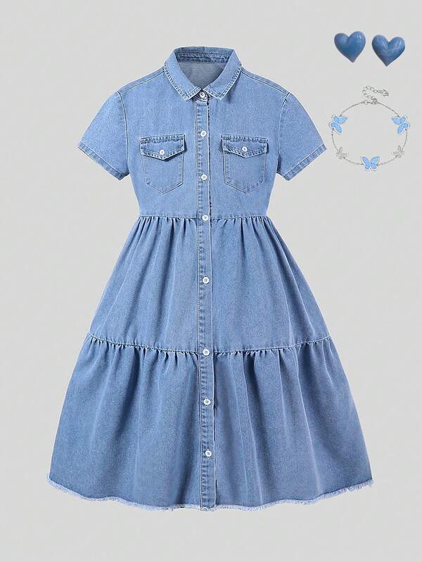 SHEIN Denim Vintage Casual Urban Preppy Style Collared Short Sleeve Denim Dress With Raw Hem For Teen Girls