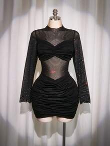 SHEIN ICON 大码女式性感夜店装黑色迷你连衣裙 - 黑色 - 查看 8